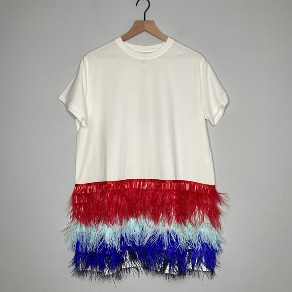 Queen of Sparkles Dress Medium White Red Blue Feathers Patriotic USA Party Fun - Picture 2 of 8